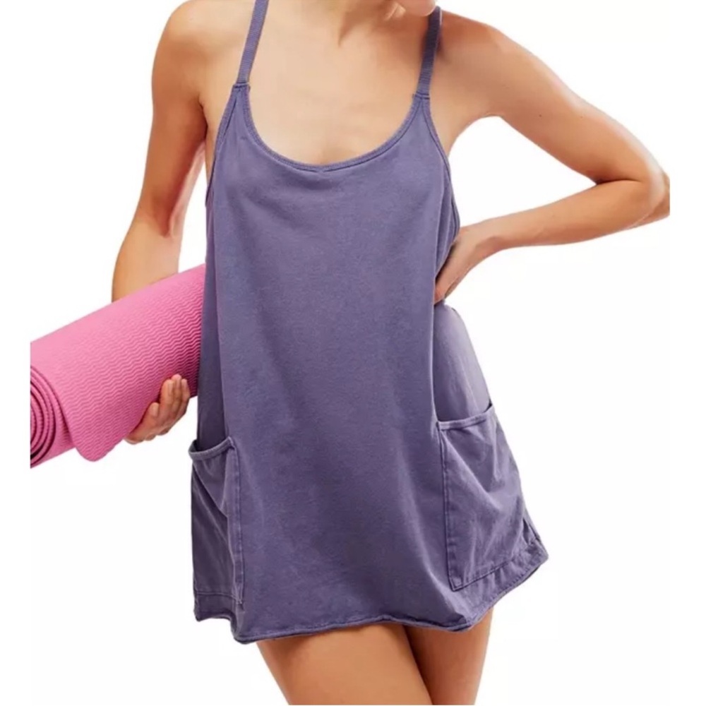FREE PEOPLE MOVEMENT HOT SHOT MINI DRESS shorts onesie pocket indigo blue NWOT M - Picture 2 of 16
